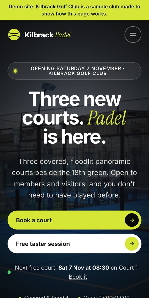 Phone screenshot of the Kilbrack Padel sample site