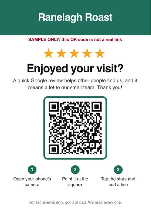 Example counter card with a QR code and the words Enjoyed your visit? Sample only.
